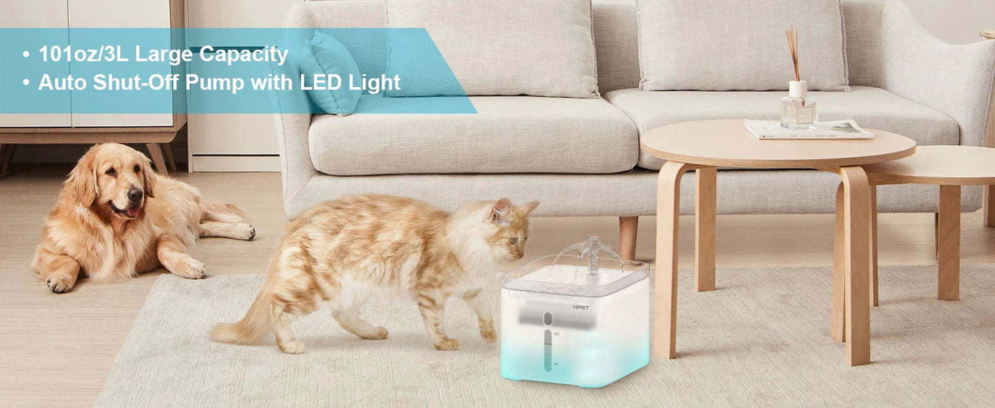 Smart LED Cat Water Fountain – 3L Automatic Pet Drinking Dispenser with Quadruple Filter